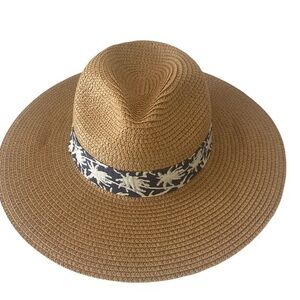 Cruise Club Sunhat -OSFM tan , blue white band , paper